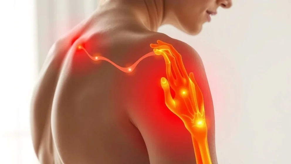 Ont i vänster axel som strålar ut i armen